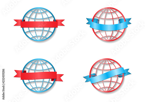 Set of icons Earth with festive ribbon around the globe. Vector illustration