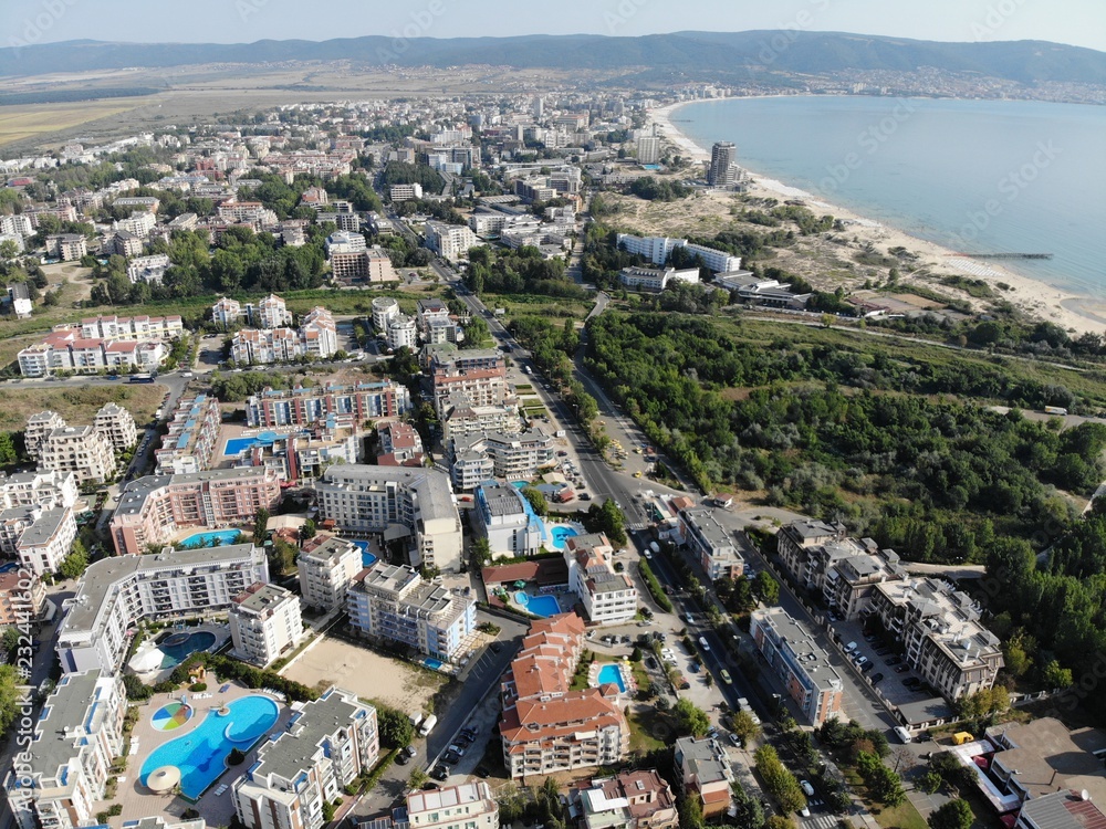 Naklejka premium Bulgaria aerial photo of the beautiful hotel and city area of Sunny Beach near Nesebar