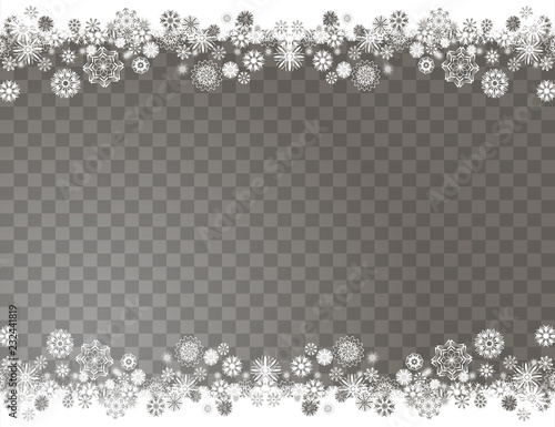 Elegant snow border on a transparent background. Abstract snowflakes background for your Merry Christmas and Happy New Year design. Vector winter holiday illustration
