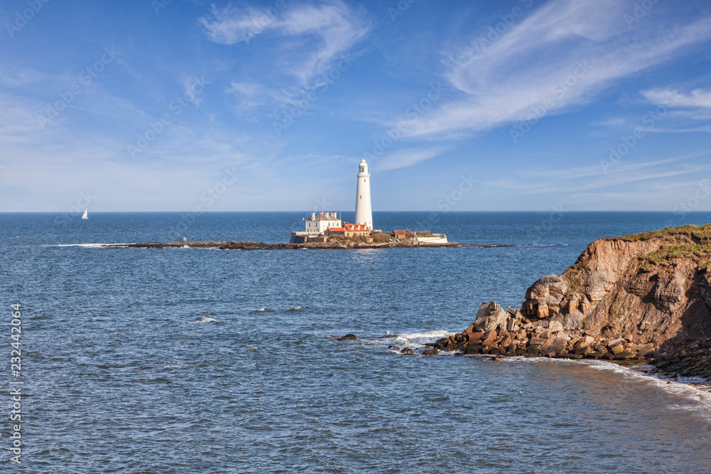 Lighthouse on St Mary's Island, near Whitley Bay, Tyne and Wear, England, UK.