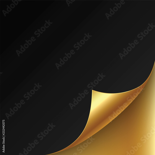 Page curl corner on blank sheet of paper. Vector black fold sticker with gold flip edge.