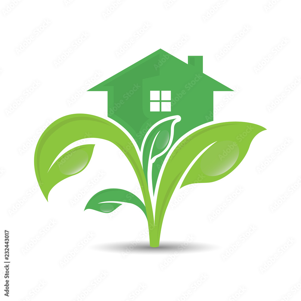 Ecology logo. Logo of green leaf and house on the top. Ecology nature element vector icon Ecology logo. Logo of green leaf and house on the top. Ecology nature element vector icon