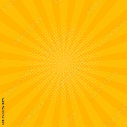 Bright yellow rays background. Comics, pop art style. Vector illustration