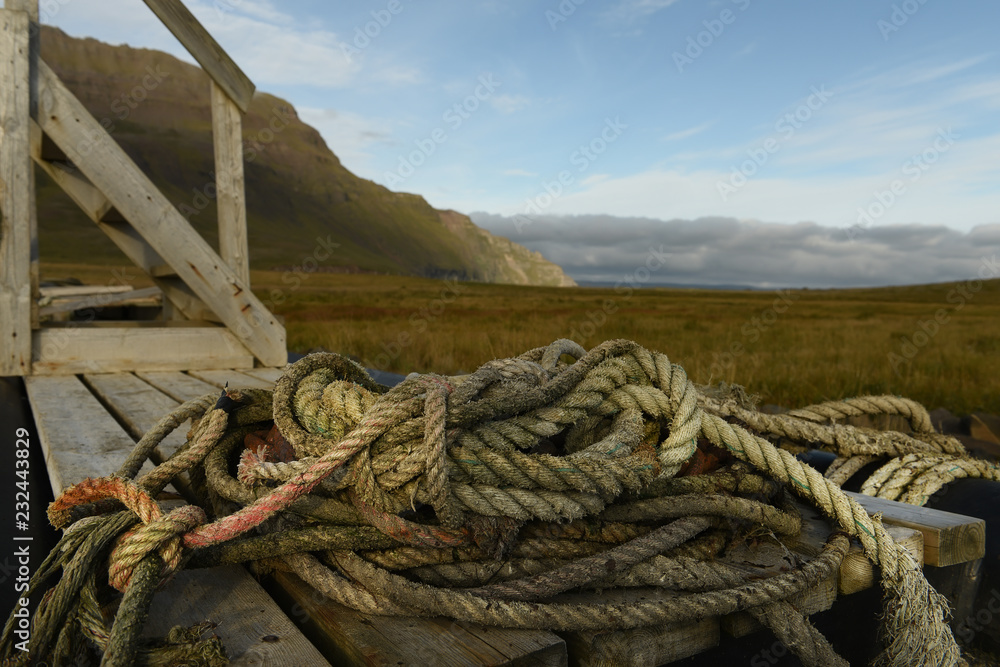 severe northern landscape. rough rope on a background of mountains.
