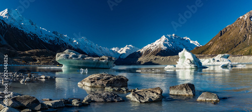 Tasman Glacier Lake with icebergs and mountains, Aoraki Mount Cook National Park, New Zealand photo