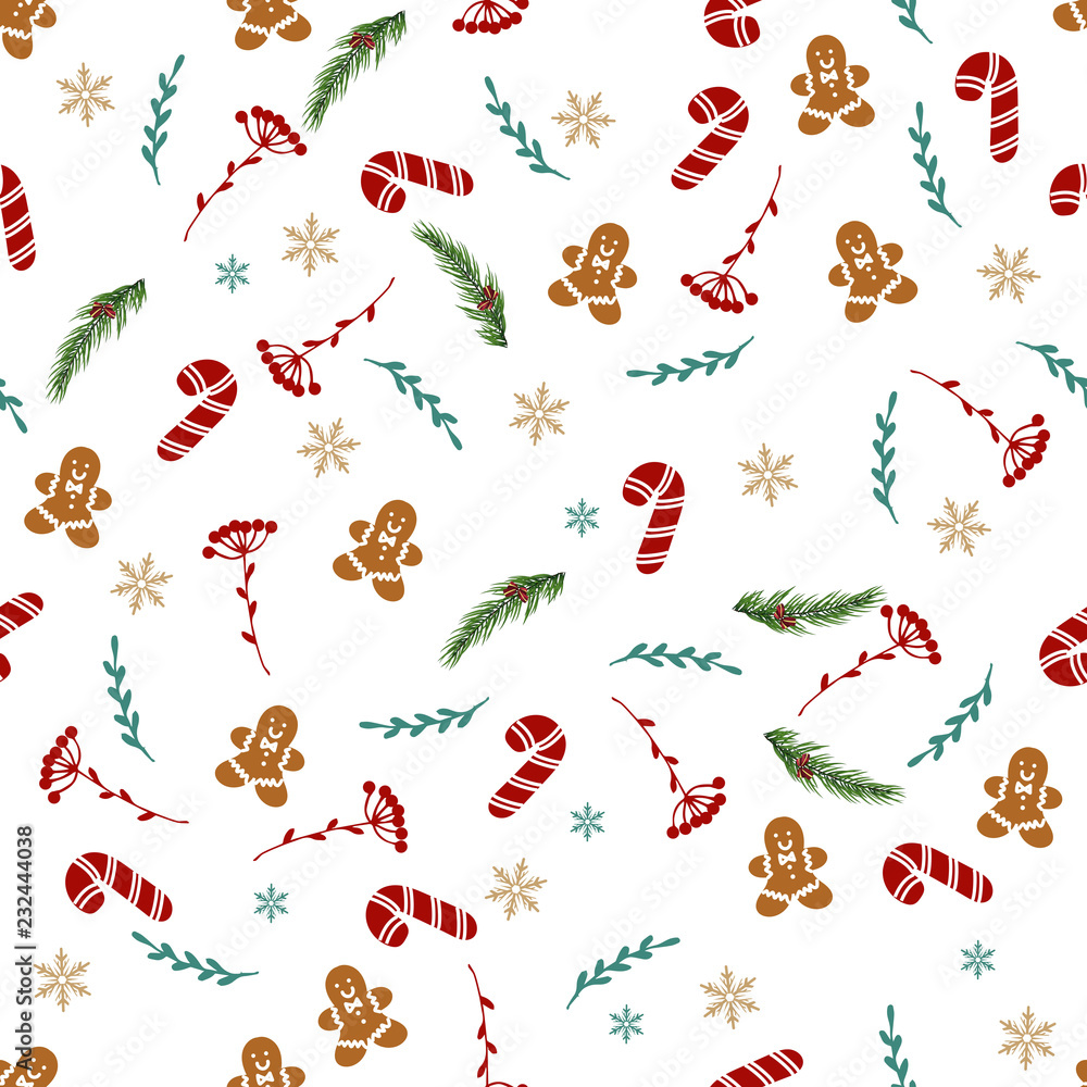 Vector Seamless Christmas and New Year`s pattern. Winter and Christmas elements on a white background. Wrap for gifts. Vector illustration. Doodle style. Vector Seamless Christmas and New Year`s pattern. Winter and Christmas elements on a white background. Wrap for gifts. Vector illustration. Doodle style.