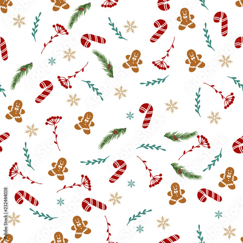 Vector Seamless Christmas and New Year`s pattern. Winter and Christmas elements on a white background. Wrap for gifts. Vector illustration. Doodle style.