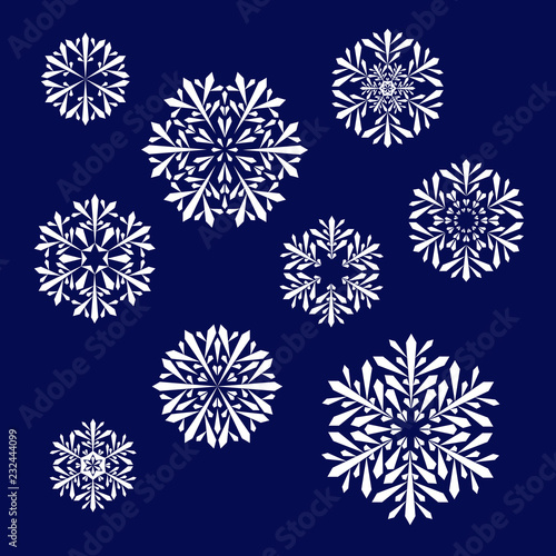 white snowflakes on blue background. vector christmas set. snowflakes collection