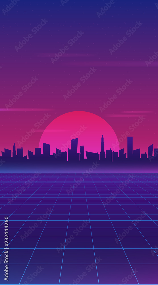 Retro future 80s style sci-fi wallpaper. Futuristic night city. Cityscape on a dark background with bright and glowing neon purple and blue lights. Cyberpunk and retro wave style vector illustration