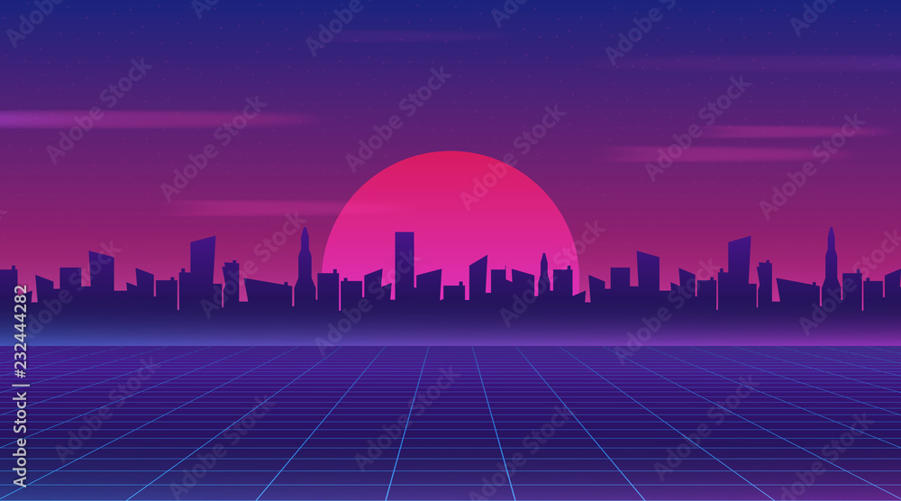 Retro future 80s style sci-fi wallpaper. Futuristic night city. Cityscape on a dark background with bright and glowing neon purple and blue lights. Cyberpunk and retro wave style vector illustration