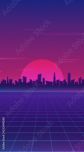 Retro future 80s style sci-fi wallpaper. Futuristic night city. Cityscape on a dark background with bright and glowing neon purple and blue lights. Cyberpunk and retro wave style vector illustration
