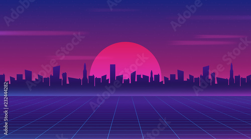 Retro future 80s style sci-fi wallpaper. Futuristic night city. Cityscape on ...