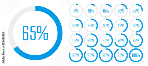 Set of circle percentage diagrams from 0 to 100 for web design, user UI interface or infographic - indicator with blue color. Vector illustration