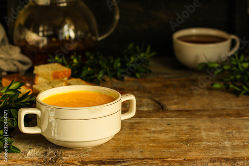 pumpkin soup (orange sweet potatoes). Healthy food. Copy space. Top view