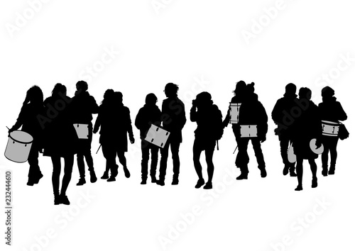 Musicians on street with drums on a white background