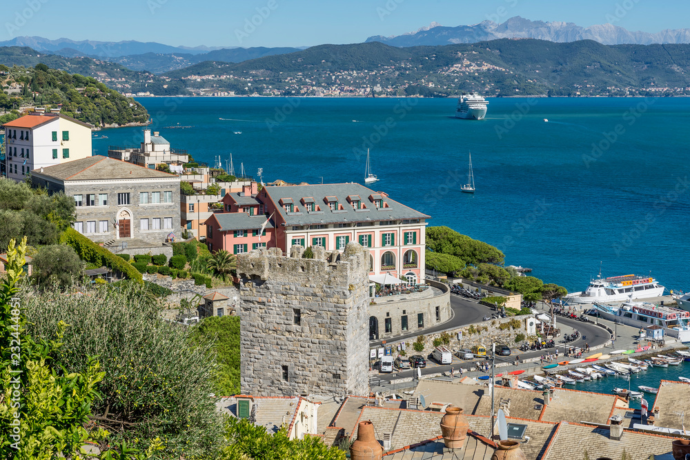 Beautiful aerial view of the Gulf of Poets from the Doria castle of Portovenere, Liguria, Italy