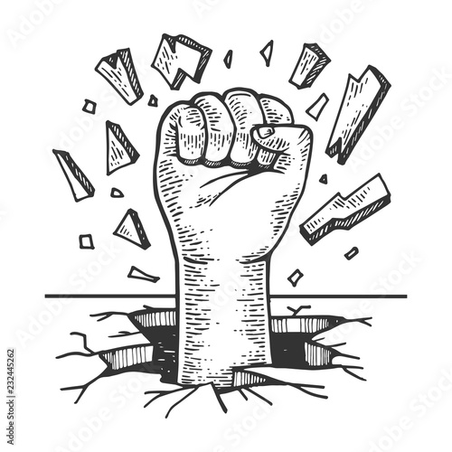 Human fist crash wall engraving vector illustration. Scratch board style imitation. Black and white hand drawn image.