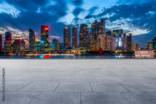 City skyscrapers and square slate ground