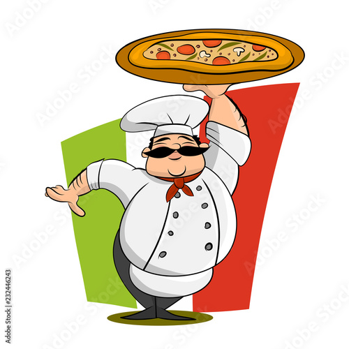 Funny Italian Chef With Pizza. Cartoon Vector Illustration.