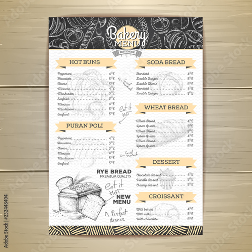 Vintage chalk drawing bakery menu design. Restaurant menu