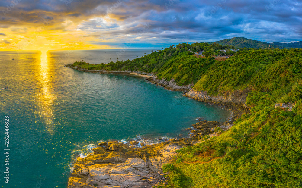 panorama sunset above Promthep cape is a mountain of rock that extends into the sea in Phuket Thailand..Promthep cape is the most popular viewpoint in Phuket.