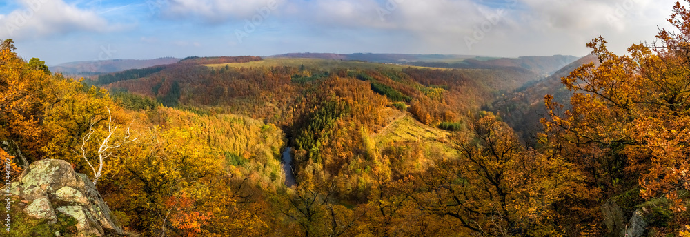 Panoramic view of beautiful autumnal landscape with river valley
