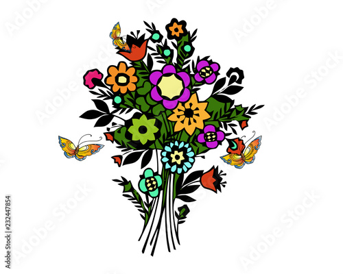 Nature spring flowers with butterfly. Vector illustration.