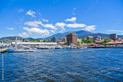 View of Hobart waterfront with Mount Wellington in the background, Tasmania, Australia