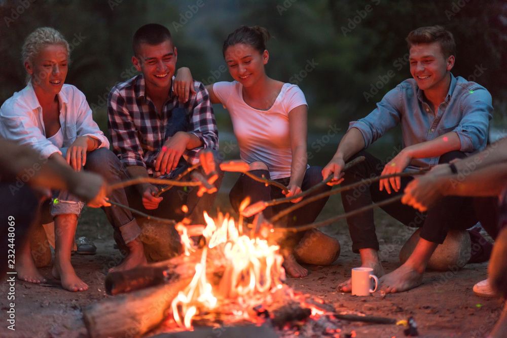 Fototapeta premium young friends relaxing around campfire