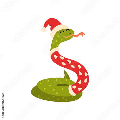 Snake symbol of New Year, cute animal of Chinese horoscope in Santa Claus costume vector Illustration on a white background