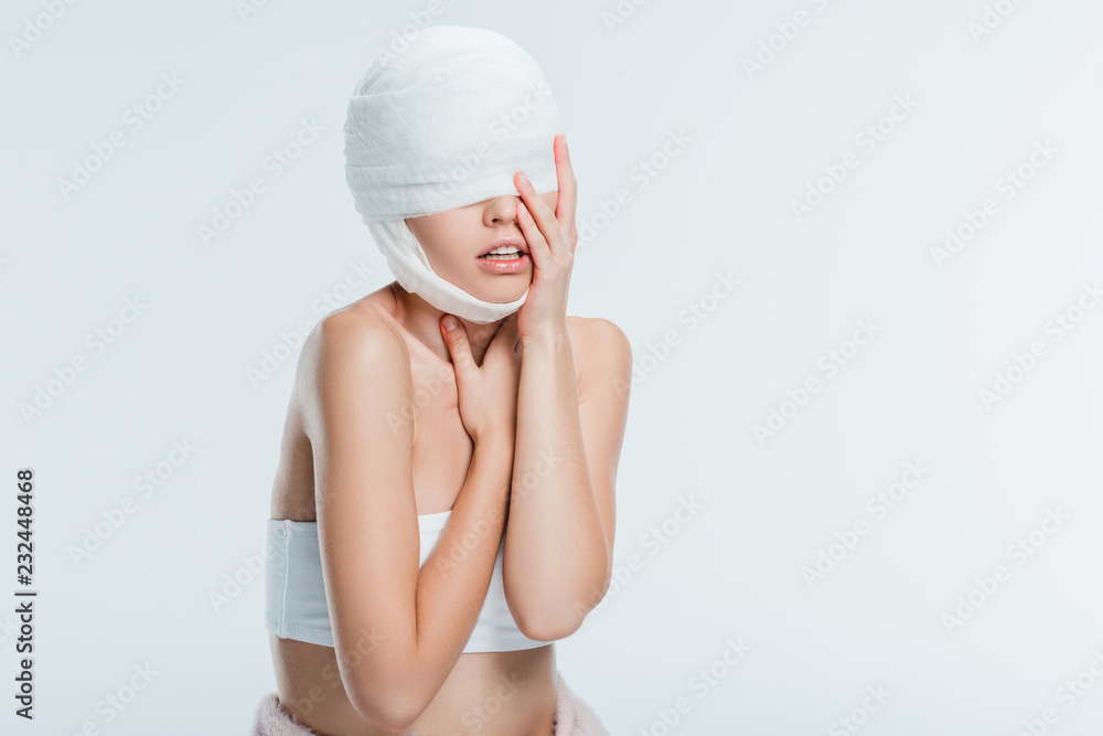 custom made wallpaper toronto digitalwoman with bandages touching head isolated on white