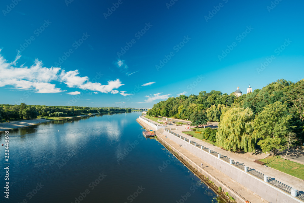 Gomel, Belarus. Sozh River, City Park And Cathedral Of St. Peter