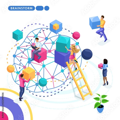 Isometric business concept, teamwork, brainstorming, strategy development. Young entrepreneurs are working on a business strategy