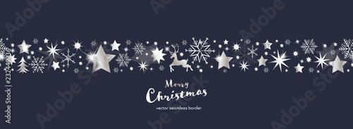 Christmas time. Dark blue and silver snowflake and star seamless border with reindeer and tree. Text : Merry Christmas 