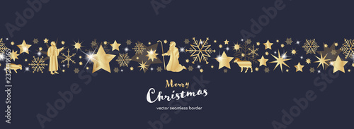 Christmas time. Dark blue and golden snowflake and star seamless border with shepherds. Text : Merry Christmas 
