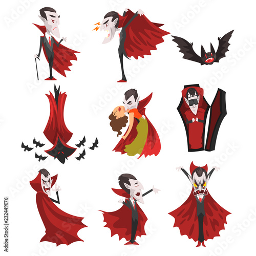 Count Dracula set, vampire cartoon character in red cape in different situations vector Illustration on a white background