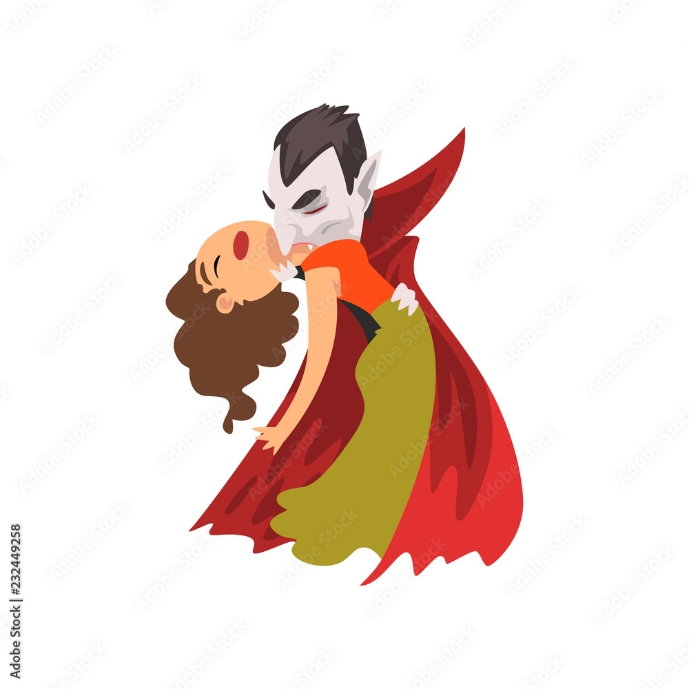 Count Dracula biting a beautiful woman, vampire cartoon character vector  Illustration on a white background Stock Vector | Adobe Stock