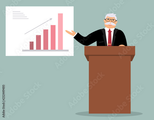 Smiling elderly speaker stands behind the brown wooden lectern and carries out the report, makes analysis of the chart of growth. Blue background. Vector illustration