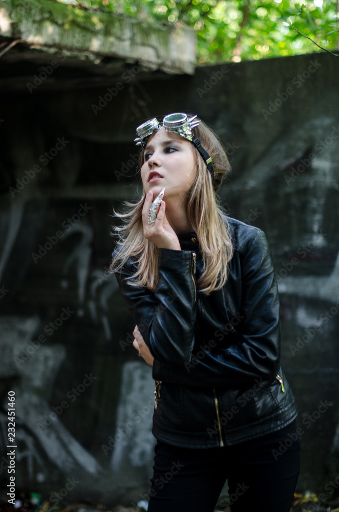 Fototapeta premium beautiful girl in leather jacket