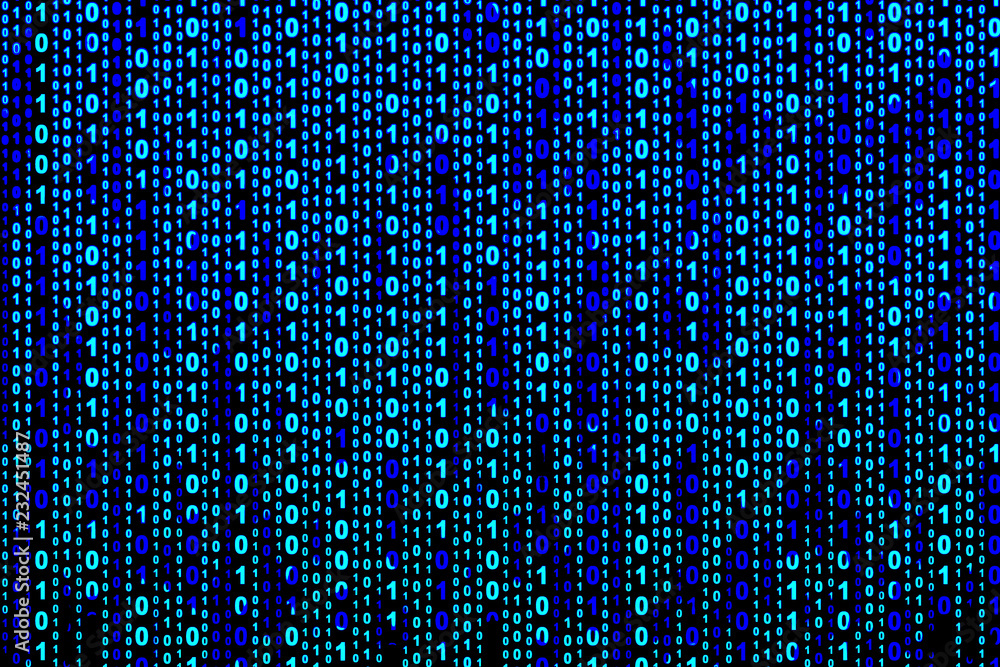 Binary computer code on blue background, abstract illustration