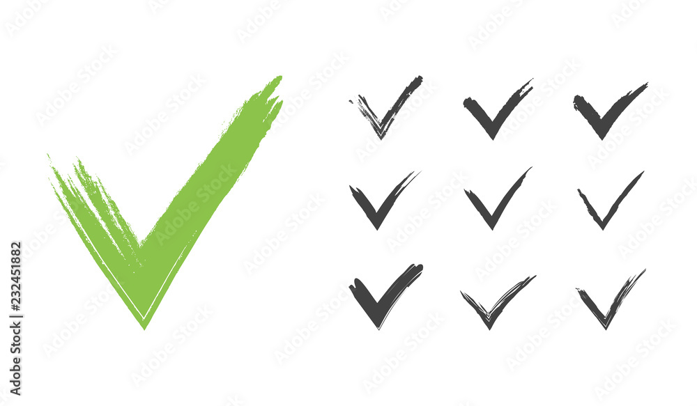 Hand drawn green grunge check mark set vector illustration Hand drawn green grunge check mark set vector illustration