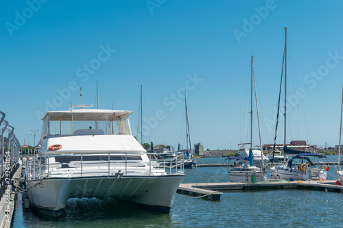 Mangalia, Constanta, Romania - July 7, 2017: boat anchored at the Mangalia's harbor in Romania, Europe.