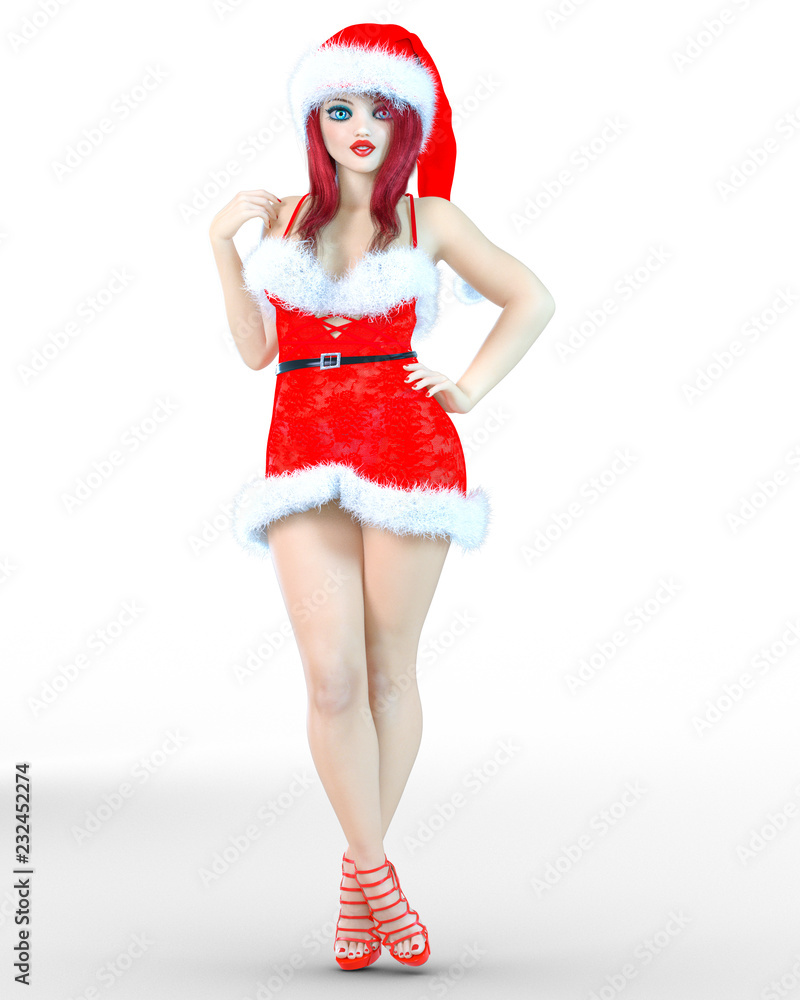 Young beautiful Santa girl doll face. Short red festive dress fur. Long red hair. Bright make up. Conceptual fashion art. Realistic 3D render illustration. Christmas, New Year. Young beautiful Santa girl doll face. Short red festive dress fur. Long red hair. Bright make up. Conceptual fashion art. Realistic 3D render illustration. Christmas, New Year.
