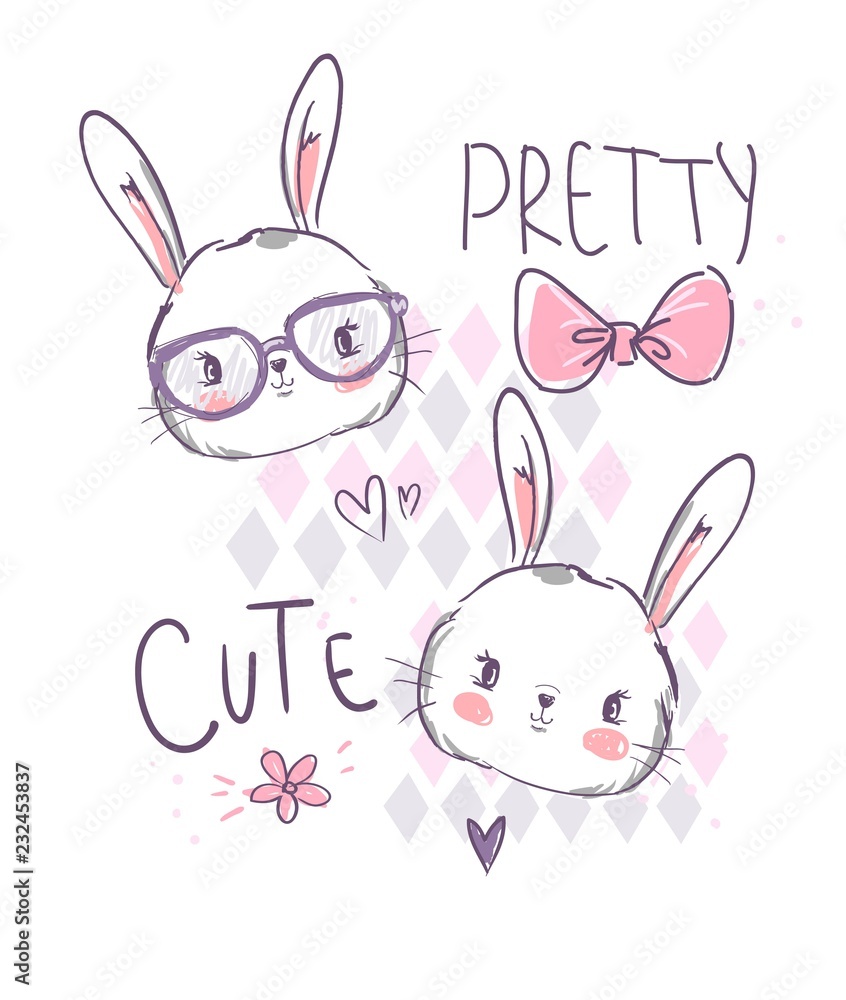Hand Drawn Cute rabbit with glassesVector Illustration, Childrens Print Design for T-Shirt, Childish theme textile.