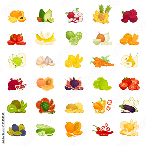 A set of vegetables and fruits. Vector compositions of different foods isolated on white background. Advertising templates. Whole, half and sliced foods.