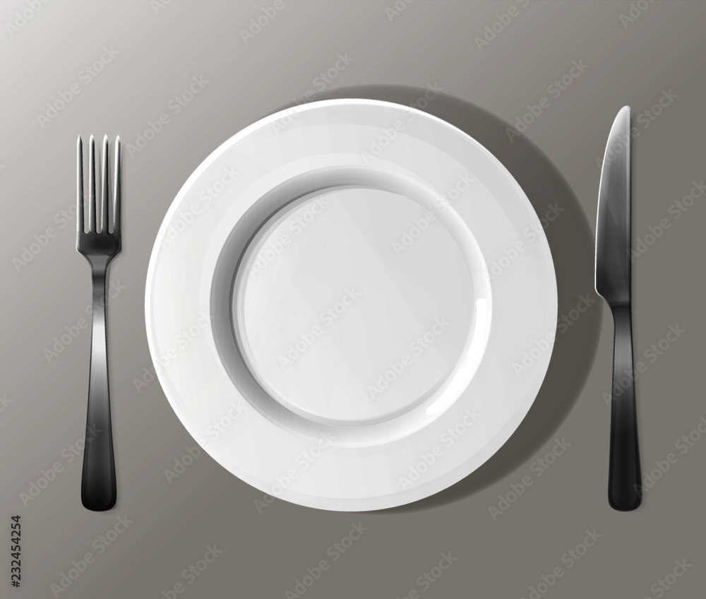 Vector illustration of realistic plate with knife and fork. Vector illustration of realistic plate with knife and fork.