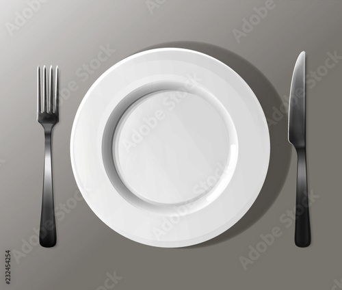 Vector illustration of realistic plate with knife and fork.