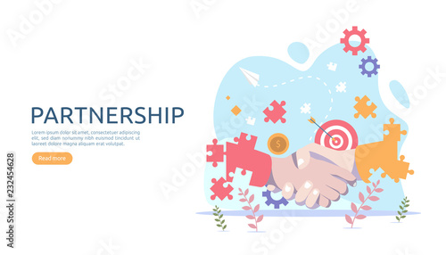 Business partnership relation concept with hand shake and tiny people character. team working together template for web landing page, banner, presentation, mockup, social media. Vector illustration.