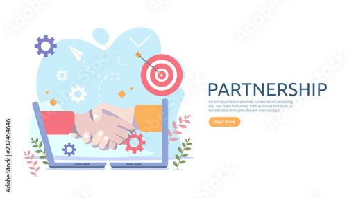 Business partnership relation concept with hand shake and tiny people character. team working together template for web landing page, banner, presentation, mockup, social media. Vector illustration.
