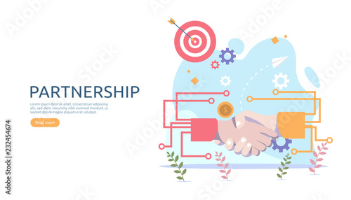 Business partnership relation concept with hand shake and tiny people character. team working together template for web landing page, banner, presentation, mockup, social media. Vector illustration.